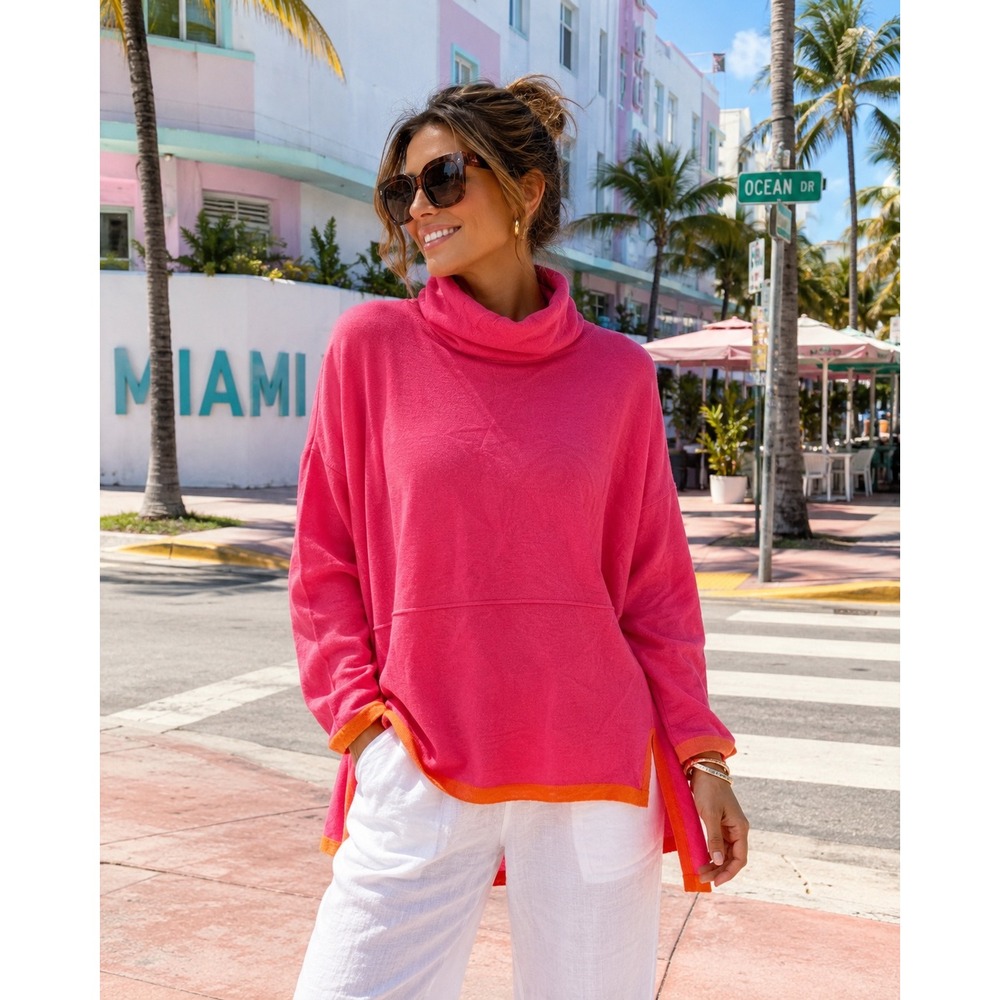 THML Cowl Neck Sweater Women Medium Pink Orange Colorblock Relaxed Fit